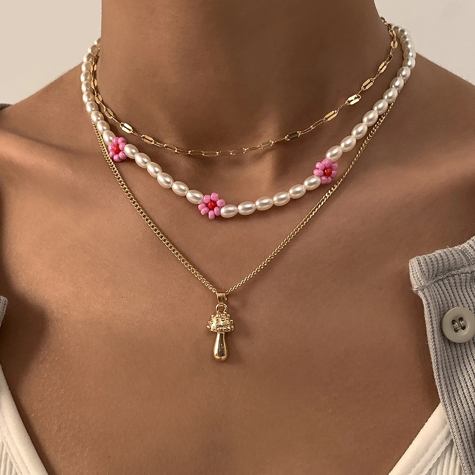 

Vintage Multilayer Pearl Beads Choker Necklaces For Women Girls Cute Mushroom Pendant Layered Chain Necklaces Women Jewelry 2021
