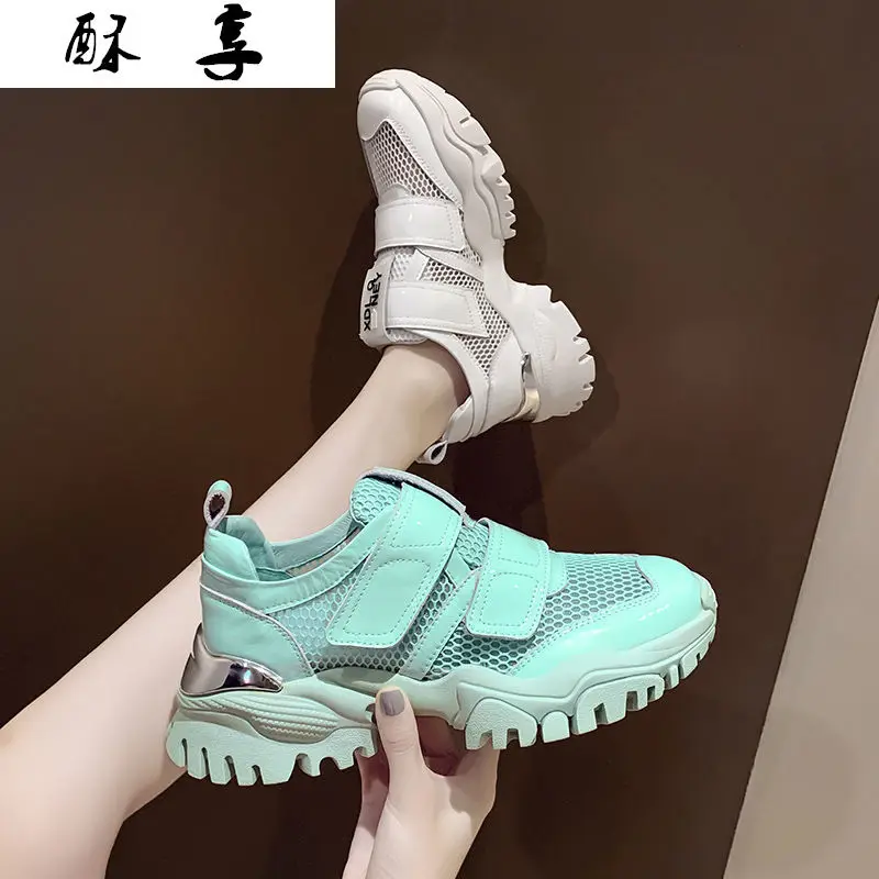 

2021 Spring Women's Breathable Mesh Shoes with Velcro Thick-soled Heightening Shoes Women's Casual Comfortable Vulcanized Shoes