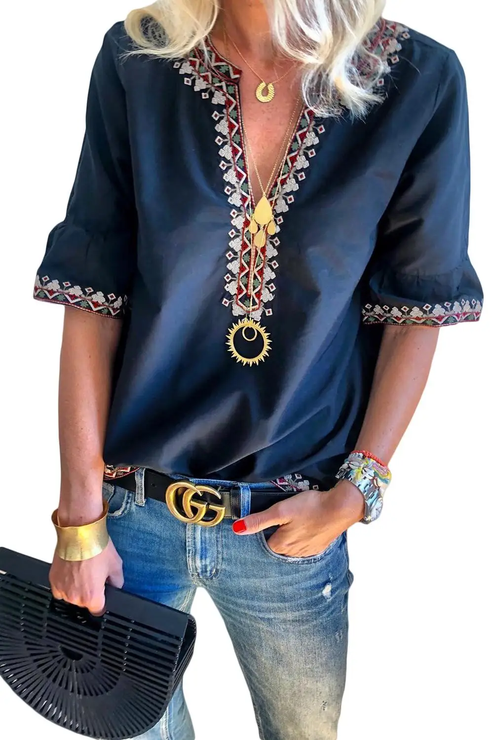 

Black Boho Embroidered V Neck Short Sleeve Casual Top Plus Size T Shirt Women Poleras Mujer De Moda 2019 Camiseta Mujer 2X
