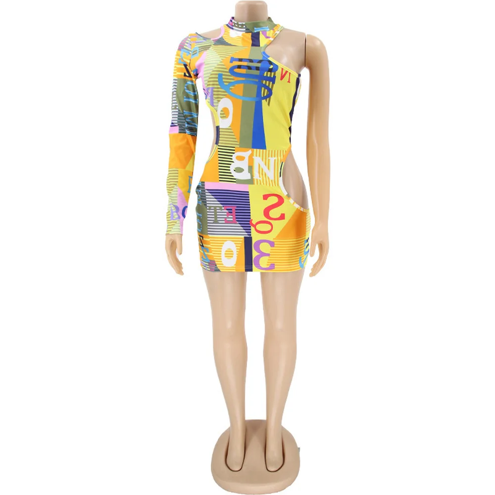 

Color Block Spliced Asymmetrical Bandage Dress Women One Shoulder Single Sleeveless Wrap Dress Fashion Hollow Out Pencil Dress