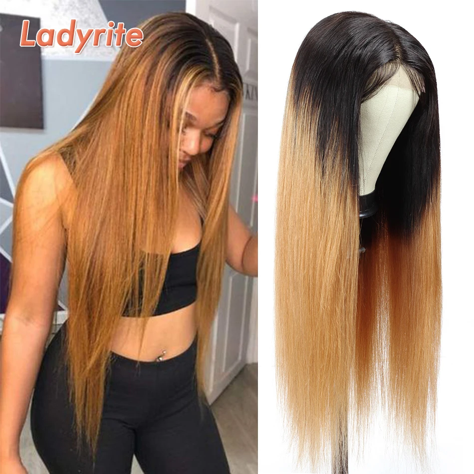 

Lace Closure Wigs T1B/27 Blonde Remy Brazilian Straight Wig 180% Density 4x4 Closure Wig Ombre Human Hair Wigs For Black Women