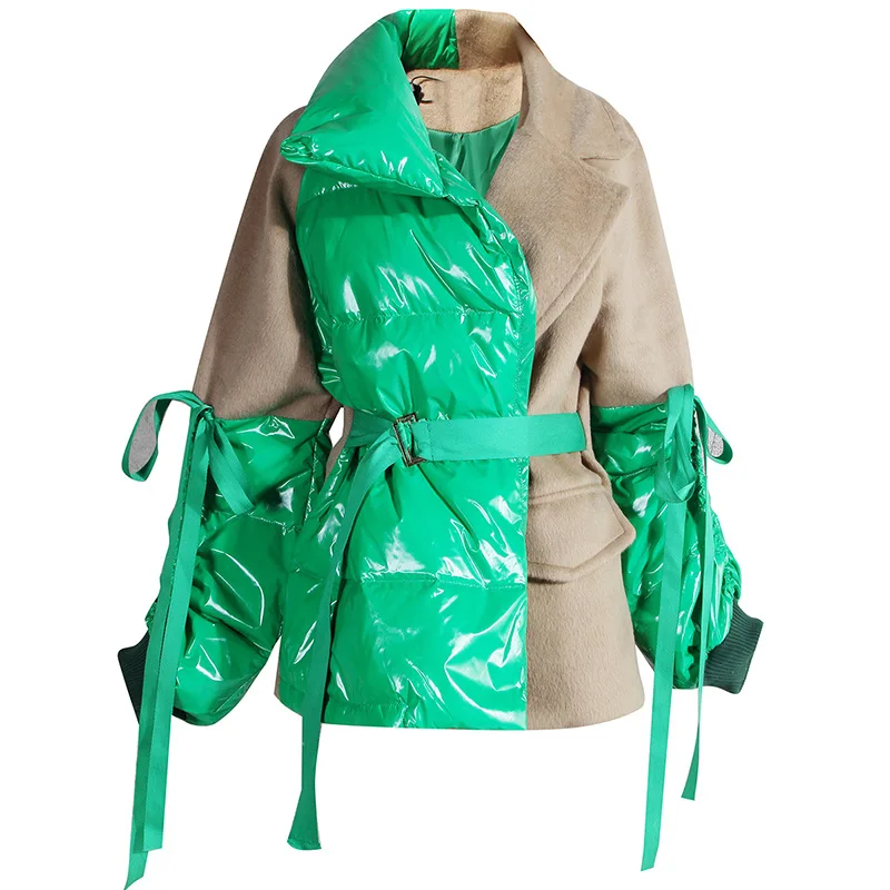 Getspring Women Parka Wool Patchwork Bandage Women Winter Jacket Warm Parka Fashion Winter Color Matching Coat Winter