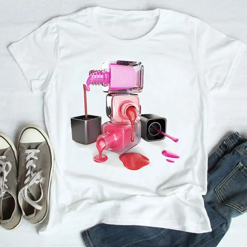 

Tees Women Printing Watercolor New Lovely Trend Graphic Cartoon Make Up Female Clothes Short Sleeve Tops Tshirt Fashion T-Shirt