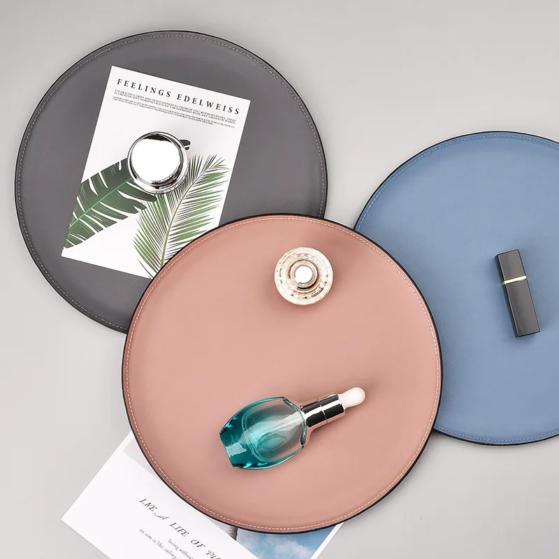 

Leather round Storage Tray Nordic Stainless Steel Desktop Jewelry Cosmetics Finishing Tray Snack Tray