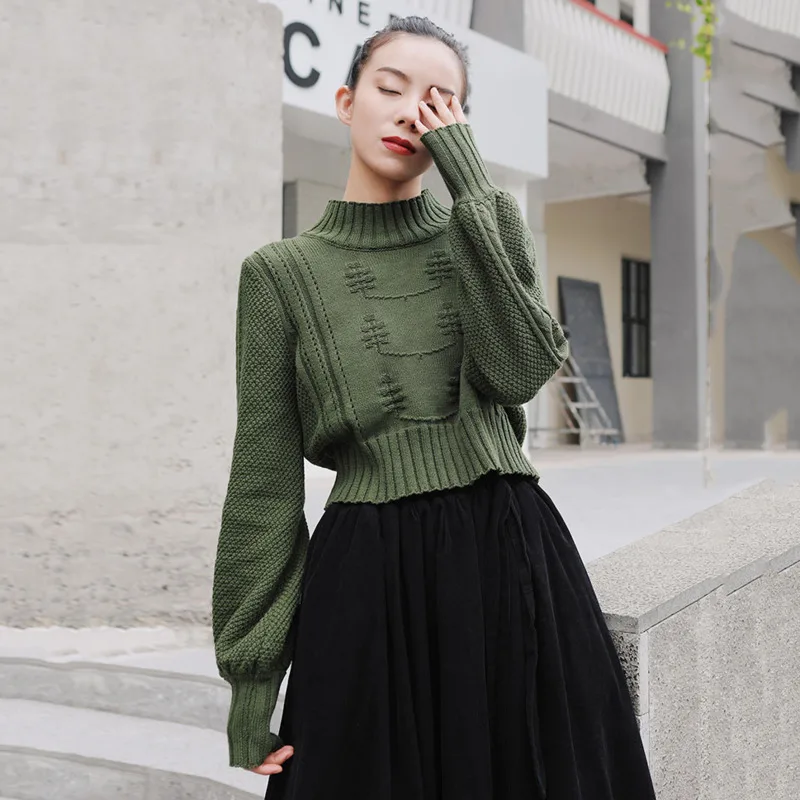 LANMREM полувысокий воротник сплошной цвет рукав-фонарик свитер для женщин уличная