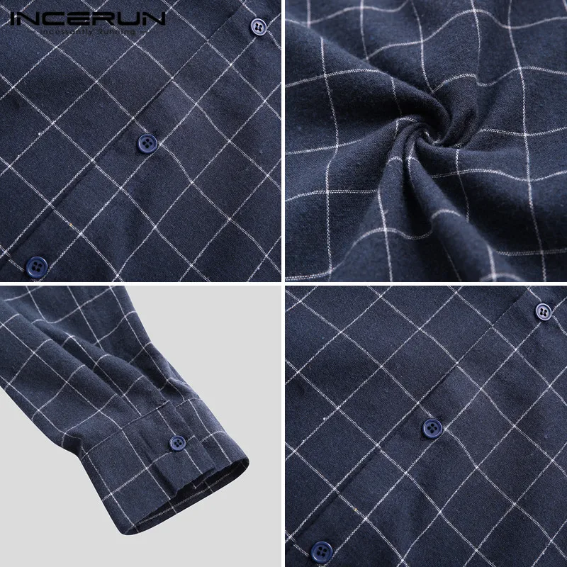 

INCERUN Spring Mens Plaid Shirt Stand Collar Chic Button Blouse Long Sleeve Streetwear Fashion Casual Shirt Camisas Hombre