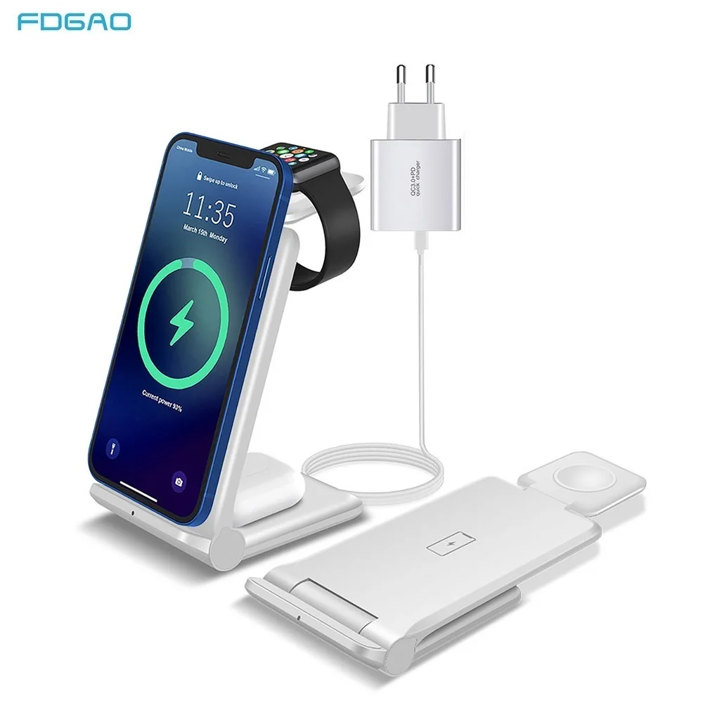 

Беспроводное зарядное устройство 3 в 1, 15 Вт, для iPhone 12, 11 Pro, XS, XR, X, 8, Apple Watch 6, 5, 4, 3, 2, AirPods Pro, с функцией быстрой зарядки
