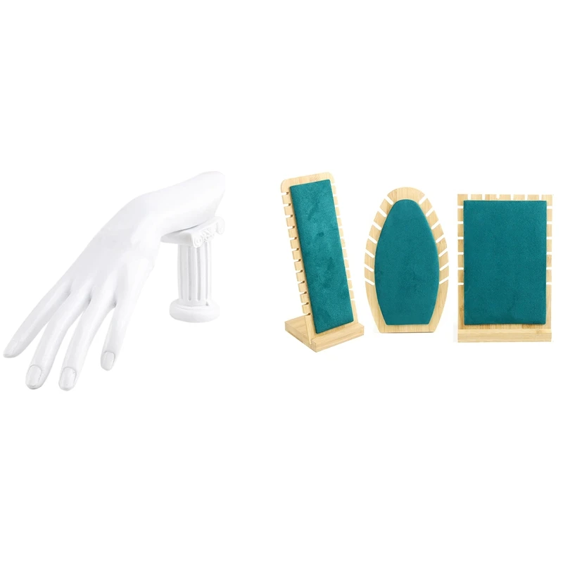 

1 Pcs Mannequin Hand Finger Glove Ring Bracelet Display Stand & 3 Pcs Solid Bamboo Wood Portrait Neck Display Shelf