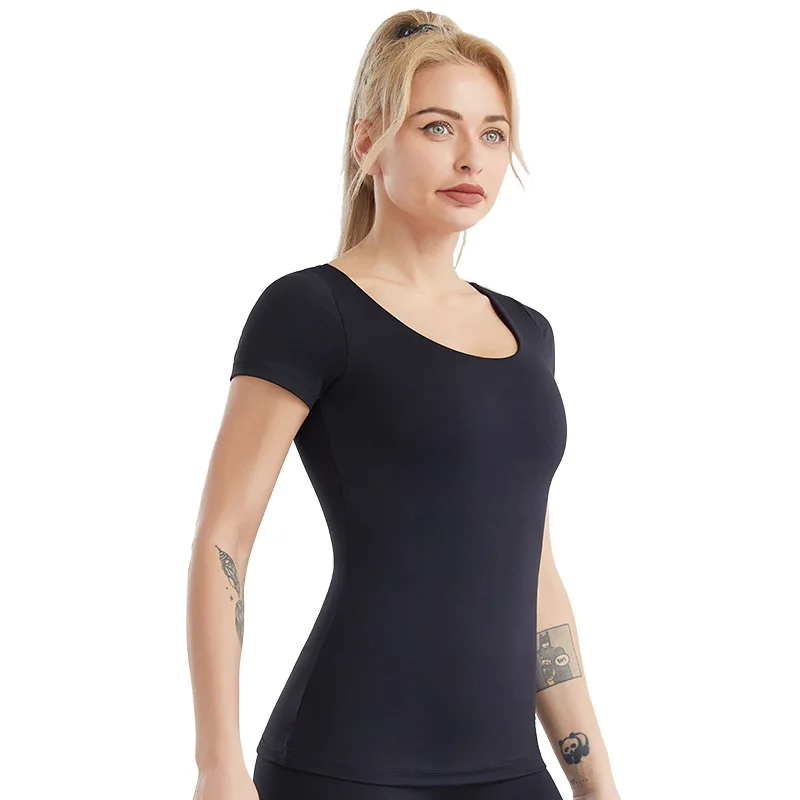

America Cross Border Yoga Clothes Women's Quick-drying Beauty Back Workout Nude Feel Running Short-sleeved Sports T-shirt Summer