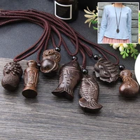 1pcs vintage ethnic handmade wood carving fish pendant necklaces women men adjustable long rope chain sweater necklace gift