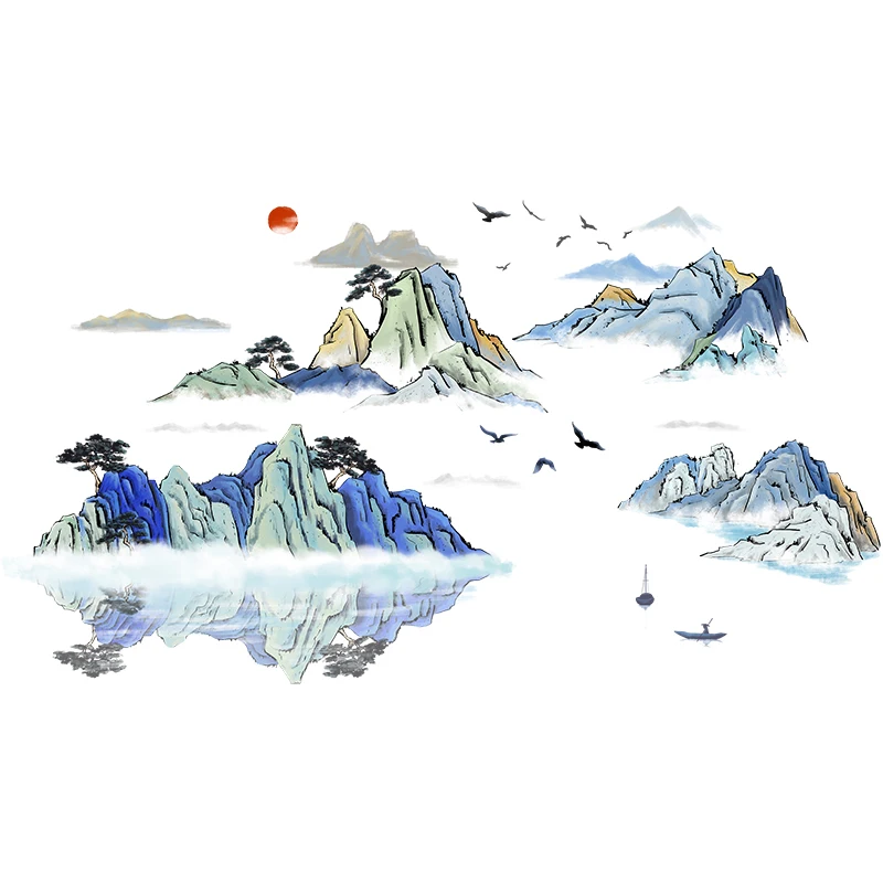 

Ink Painting Landscape Wall Stickers Living Room Decoration Aesthetic Teenager Chinese Style Art Wall Decals Decor