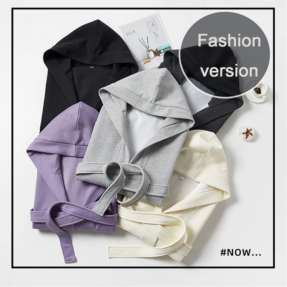 Men Warm Fleece Kimono Robes Couples Loose Dresses Casual Comfortable Hotel Long Robe Trendy Hooded Bathrobe Pockets With Belt