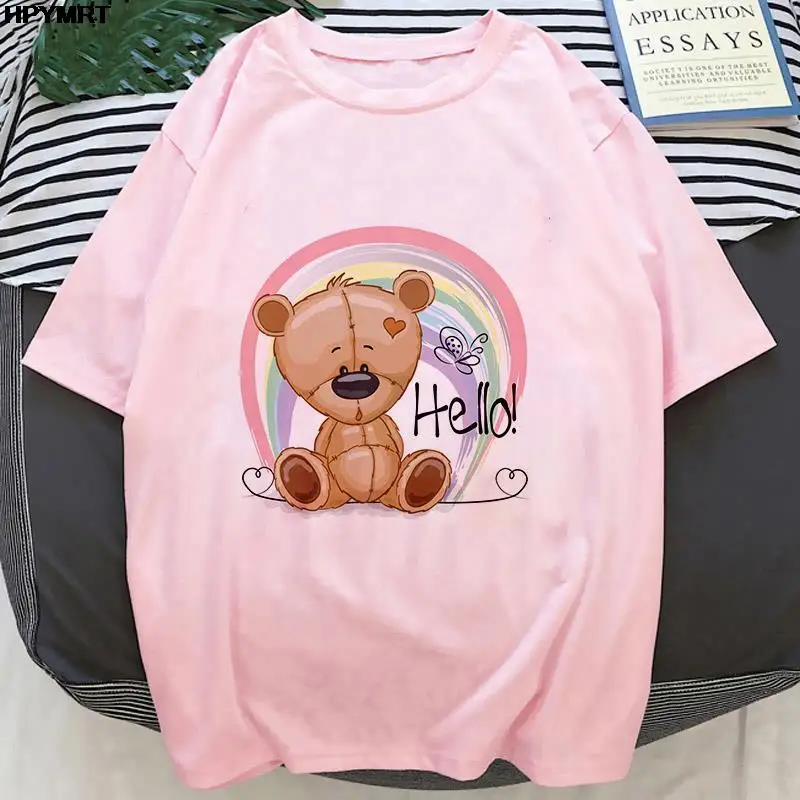 

Футболка женская летняя с принтом медведя, милая уличная одежда в стиле Харадзюку, с коротким рукавом и графическим принтом, Прямая поставк...