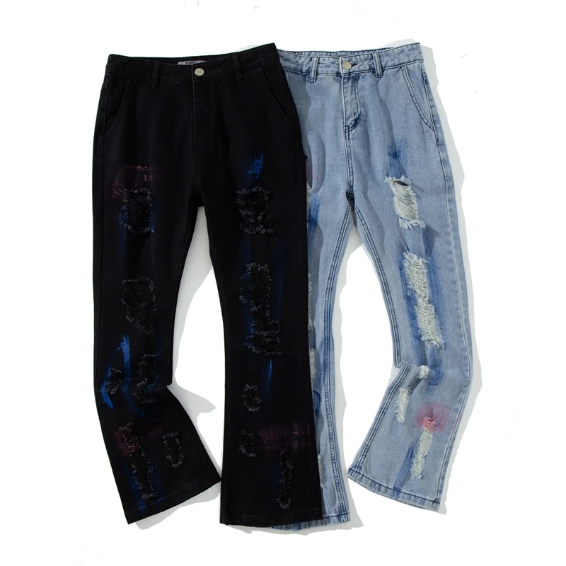 

Streetwear Slim Fit Ripped Flare Jean Hip Hop Washed Destroyed Jean Men Women Fashionable Letters Print Ripped Micro Flared Pant