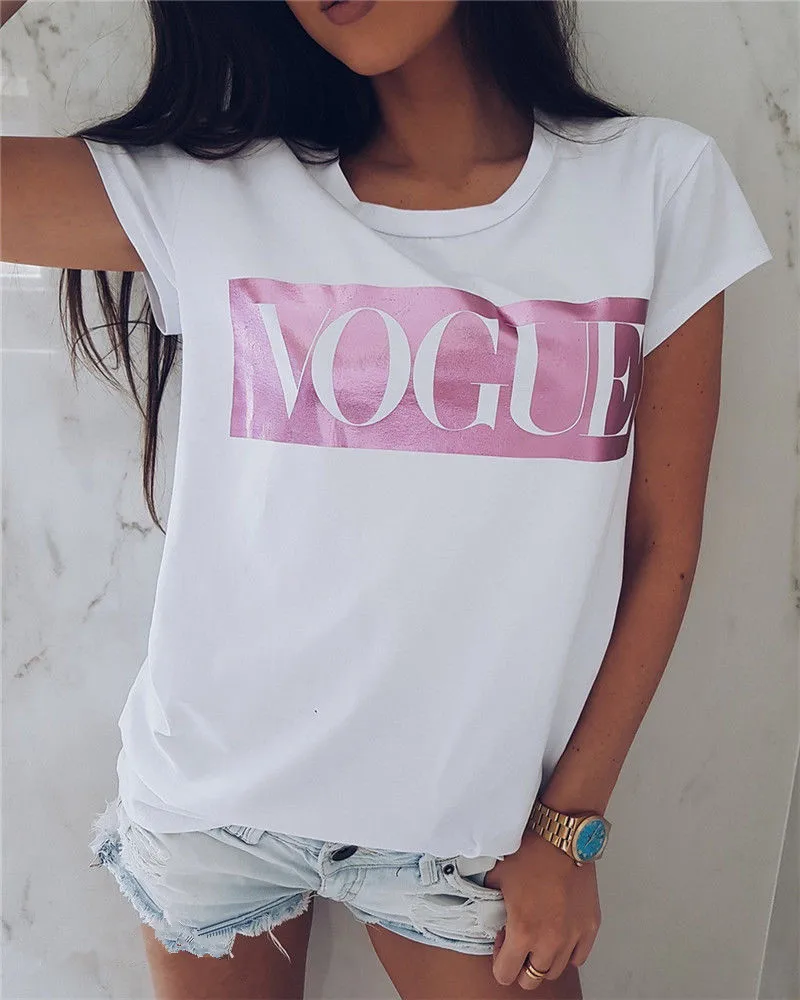 

Donsignet Women's T-shirt Fashion Summer Round Neck Pullover Solid Color Letter Printing Short-sleeved T-shirt Womens Clothing