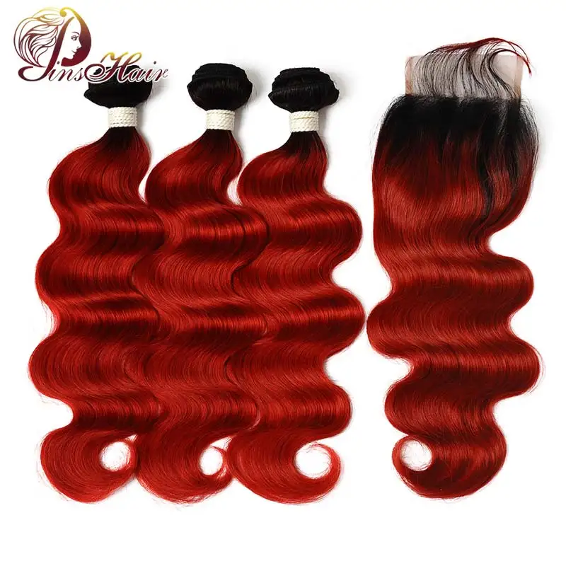 Перуанские человеческие пряди волос с закрытием объемная волна 3 T1B/красный Омбре