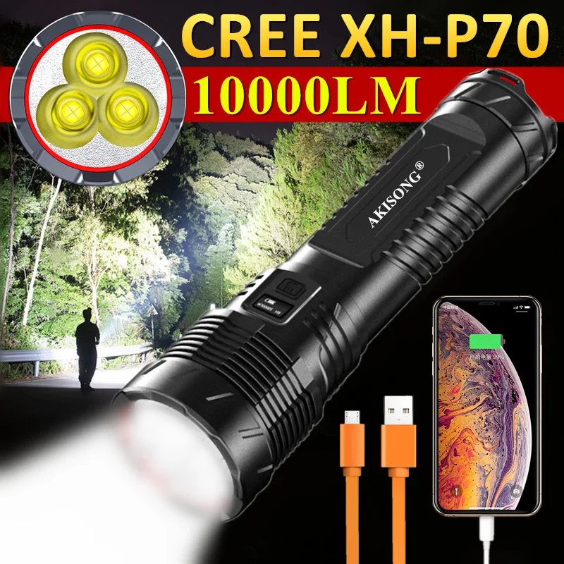 3 * CREE XHP70 High Power LED Powerful Flashlight USB Charging Outdoor Waterproof 10000LM Ultra Bright hunting Tactical Torch