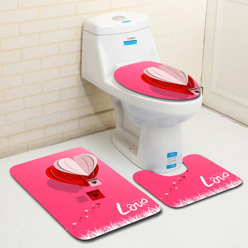 

Zeegle Valentine's Pattern 3Pcs Bath Mat Set Toilet Rugs Anti-slip Toilet Floor Mats Bathroom Rugs Flannel Toilet Seat Cover