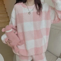 korean women loungewear pink plaid lovely lamb hair lovers womens sweater coral velvet home clothes pajama set
