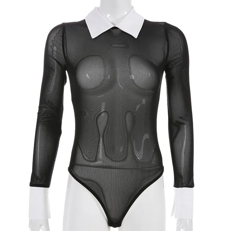 Сетчатые боди весенние комбинезоны с длинным рукавом и открытым шаговым швом