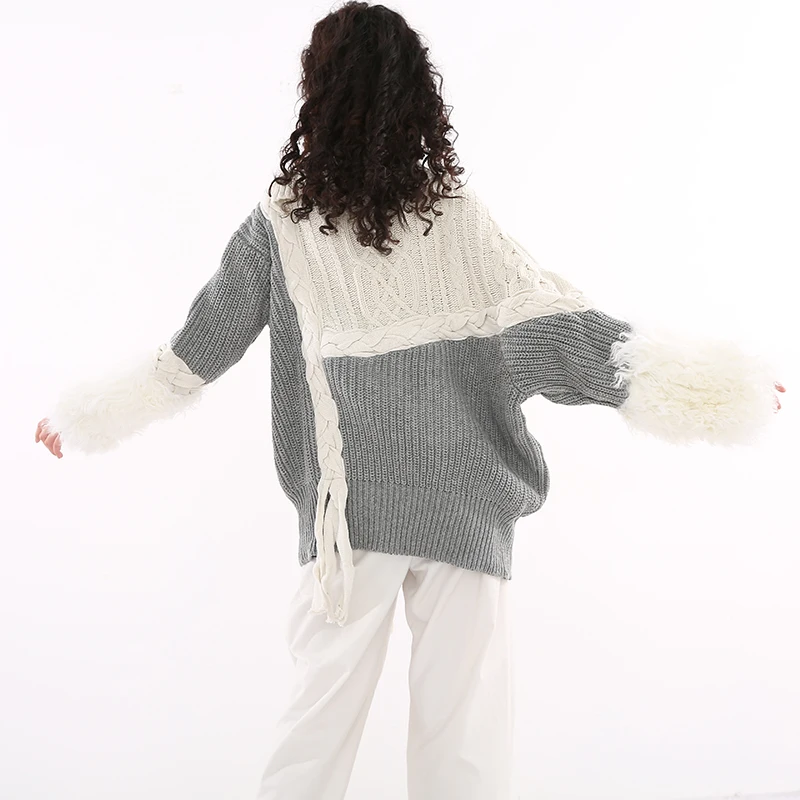 [EAM] Asymmetrical White Fur Big Size Knitting Sweater Loose Fit  Long Sleeve Women New Fashion Tide Spring Autumn 2021 1H20200