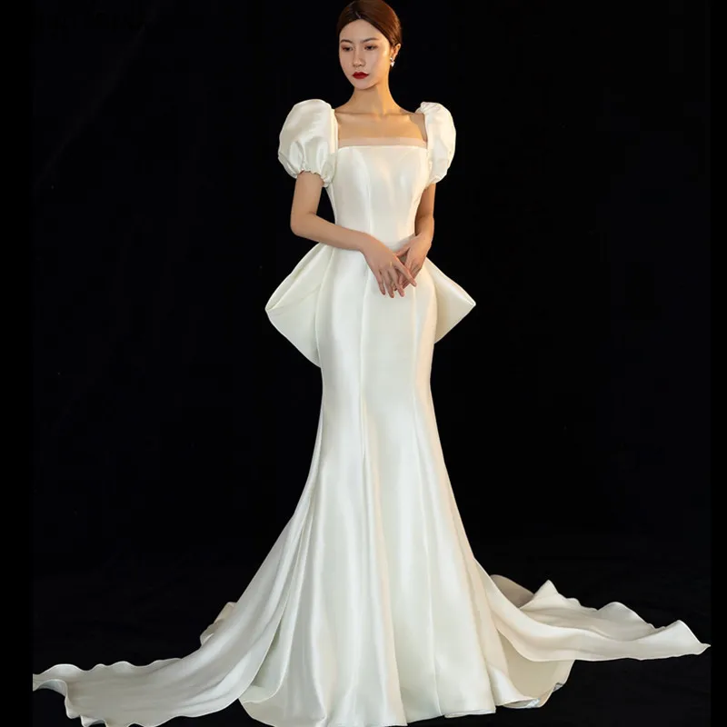 

KAUNISSINA Satin Mermaid Wedding Dresses Short Fuff Sleeve Back Big Bow Beach Bride Dresses Square Collar Boho Bridal Gowns