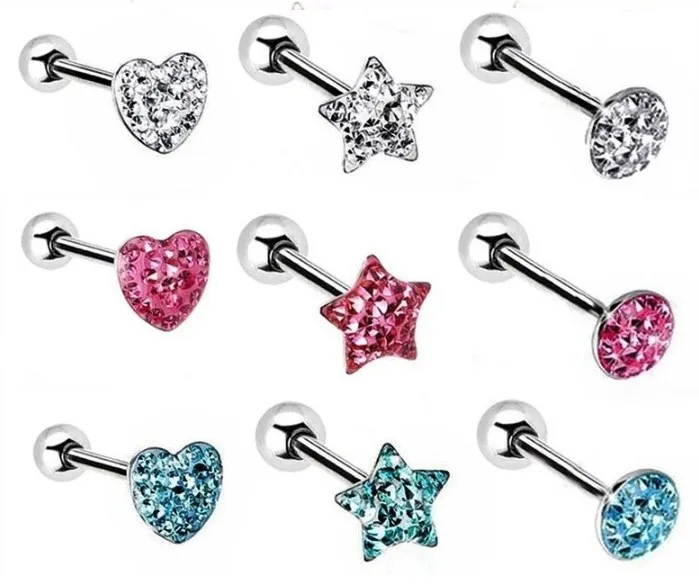 

50pcs Body Jewelry Piercing Round/Heart/Star Crystal Gems Smoothly Tongue Bar Nipple Barbells Straight Bar 14G~1.6mmx16mm