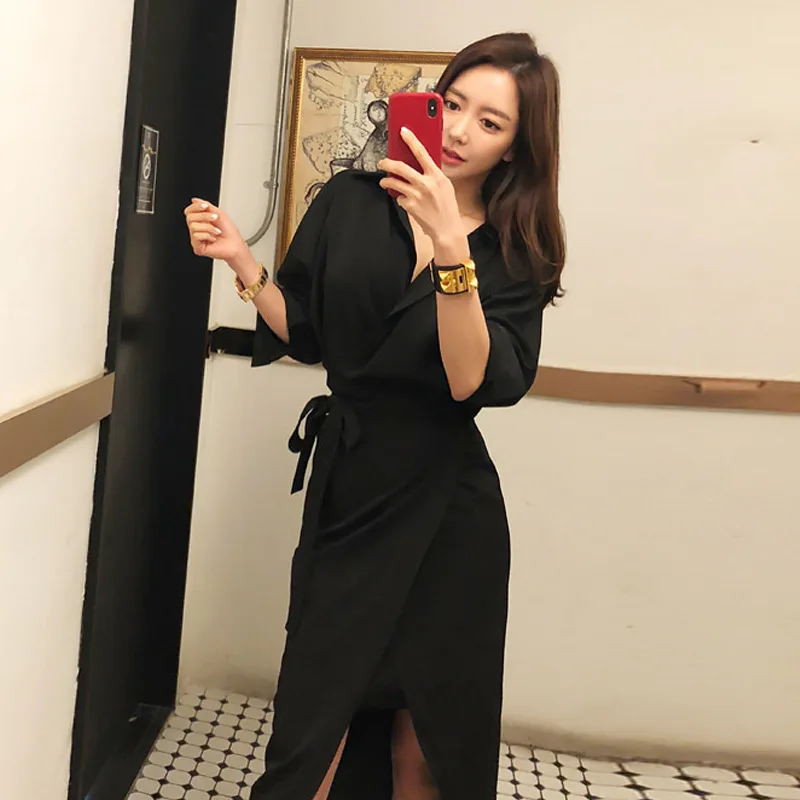 Женское платье карандаш с V образным вырезом длинным рукавом и поясом|Женские