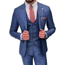 2022 Blue 3 Pieces Latest Style Man Suits Design Business Blazer Trousers Stripe Men Suits Slim Fit Jacket+Pants+Vest Party Wear (2)