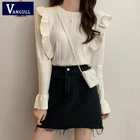 Vangull женские пуловеры с оборками, свитер, осенне-зимние вязаные свободные универсальные пуловеры в стиле ретро с круглым вырезом и расклешенными рукавами, топы