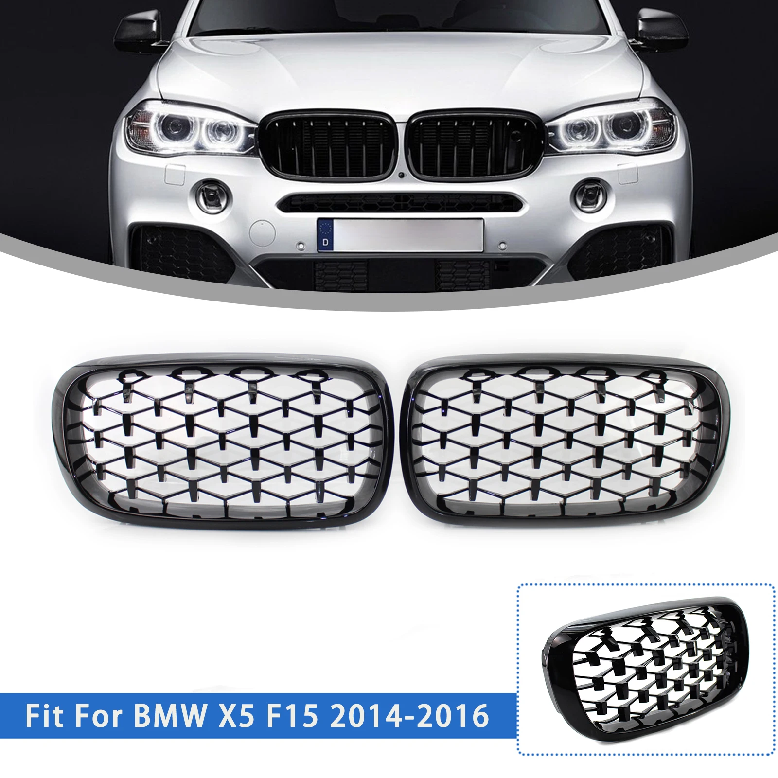1 Pair Glossy Black Car Front Bumper Diamond Style Kidney Grills Replacement Racing Grille For BMW F15 X5 F16 X6 F85 2014-2017
