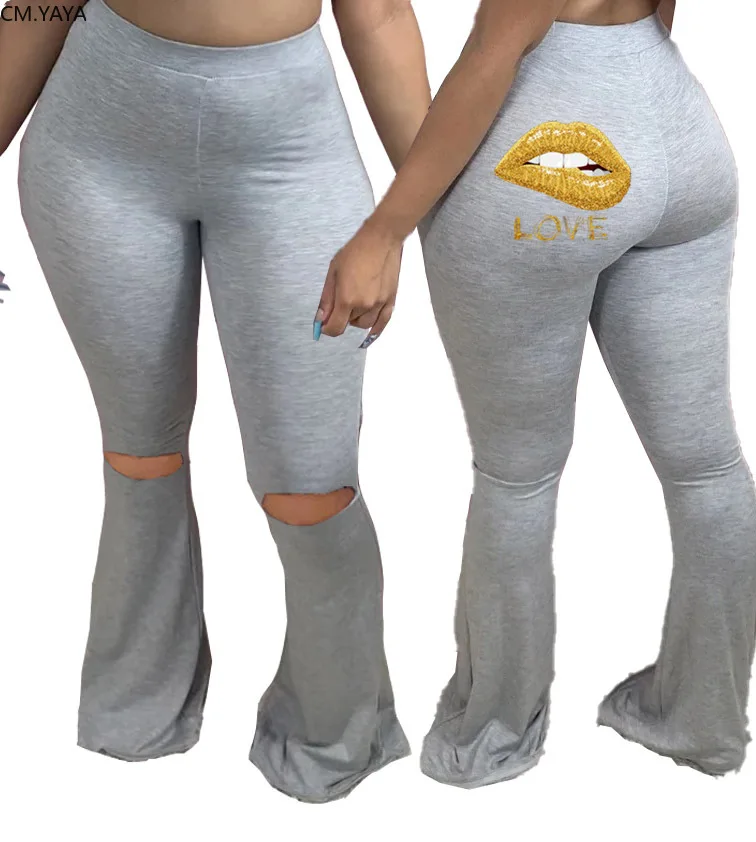 CM.YAYA Lips Love Print Women Elastic Hole Wide Leg Flare Pants Leggings High Waist Trousers Draped Jogger Sweatpants | Женская одежда