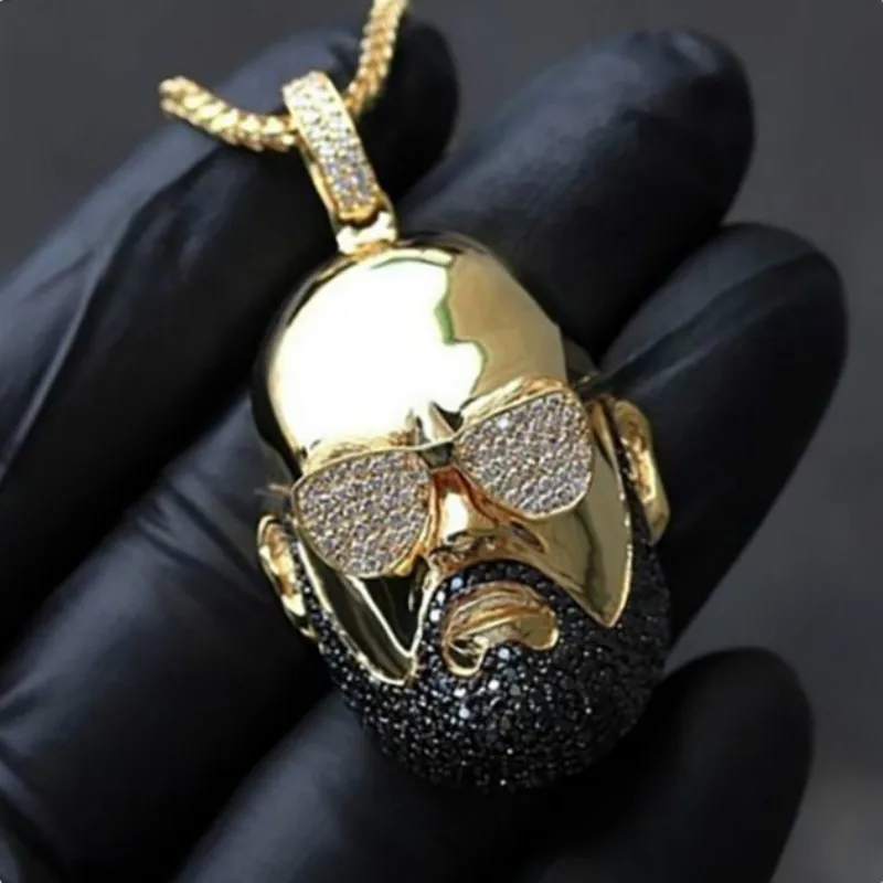 

Hip Hop Fashion Golden Necklace Uncle Rap Portrait Men Pendant Inlaid Rhinestone Jewelry Punk Party Jewelry Anniversary Gift