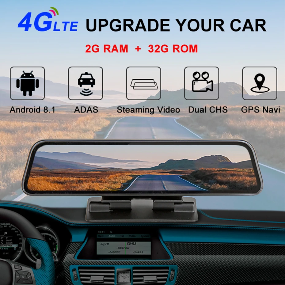 Автомобильный видеорегистратор Bluavido 1" ips, gps, 2G ram, 4G LTE, Android 8,1, камера, видео регистратор, навигация, HD 1080 P, зеркало заднего вида, видеорегистратор