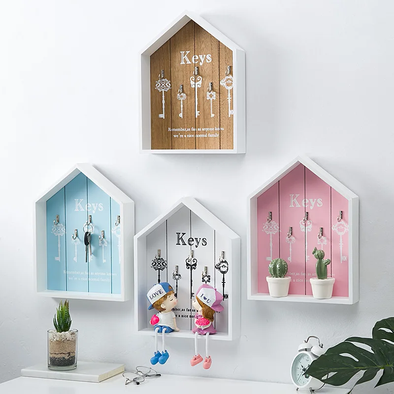 

Creative Nordic Style Wooden House Key Wall Hanging Jewelry Box Home Entrance Storage Rack Key Box