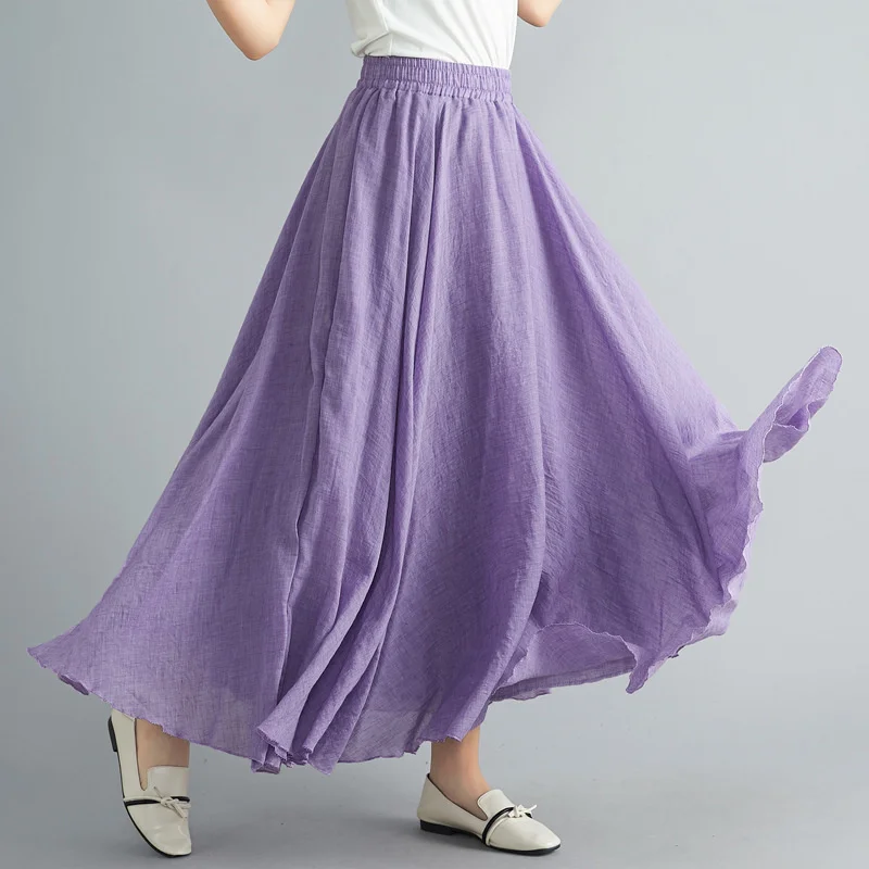 

2021 Women's Literature And Art Large Cotton Hemp Skirt Elastic Waist Linen A-line Skirt Long Pure Color Family Style Harajuku