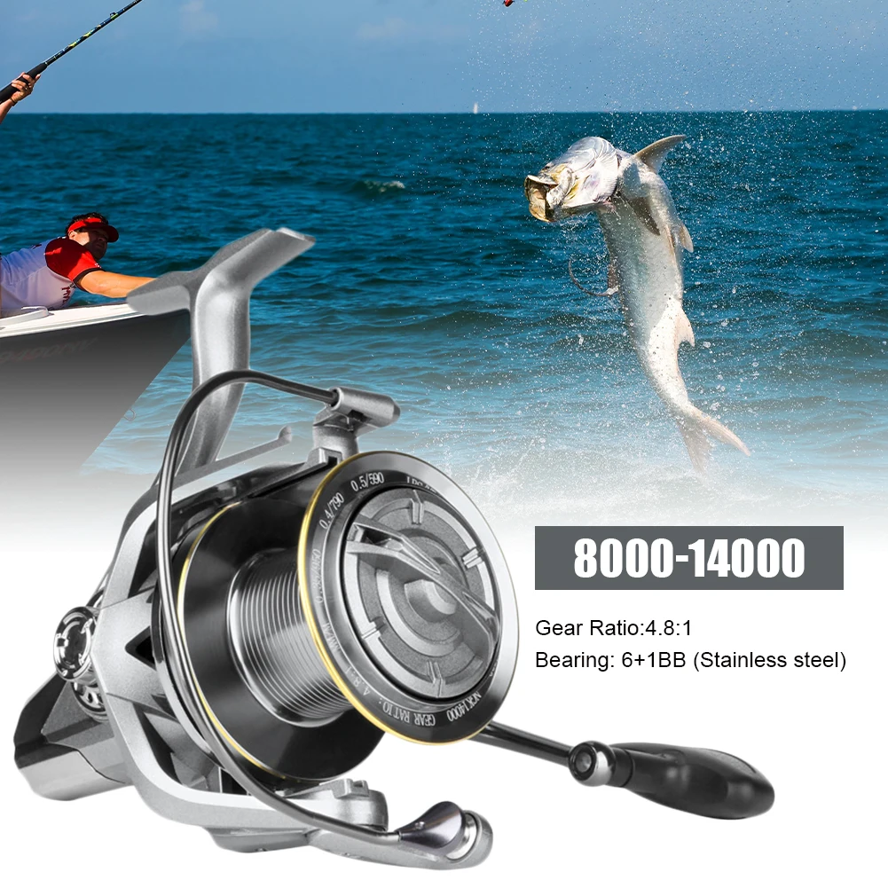 

New Spinning Reel NGK8000-12000 6+1BB 4.8:1 Saltwater Fishing Reel Metal Spool 15KG/30lb Drag Power Long Distant Trolling