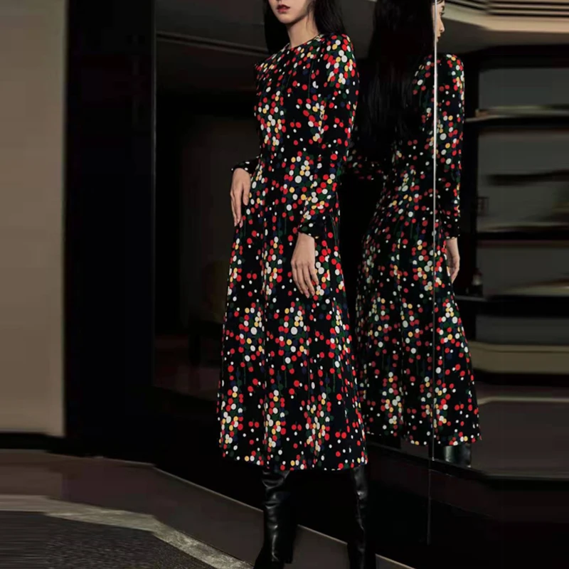 

Fashion Designer 2021 Autumn Dress Women Color Dot Printed Long Sleeve High Quality Vintage Elegant Midi velvet Dress