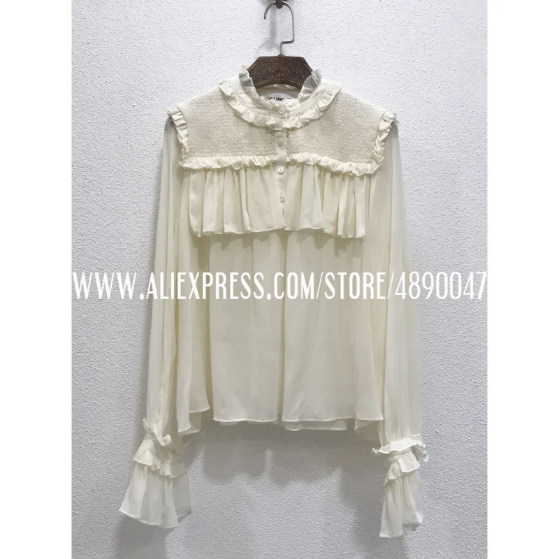 

2021 ladies high quality lotus leaf collar buttoned elegant silk shirt fashion trumpet sleeve mulberry silk shirt