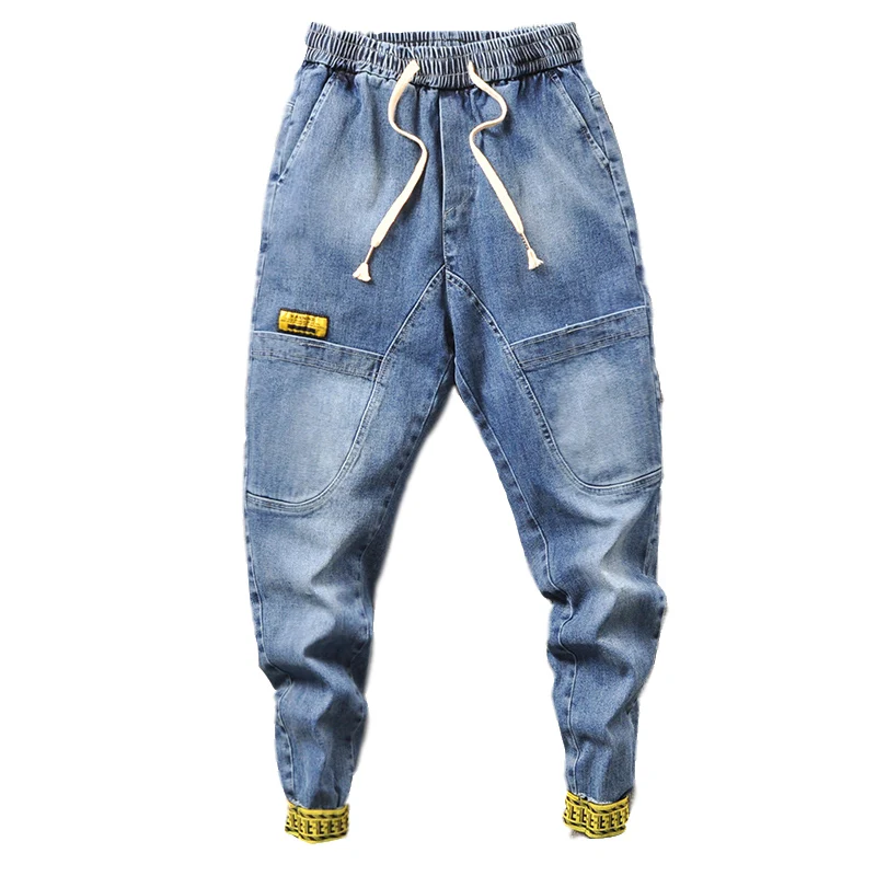 

2020 Men Denim Jeans Men Harem Jeans Pants Male Drawstring Belt Vintage Trousers