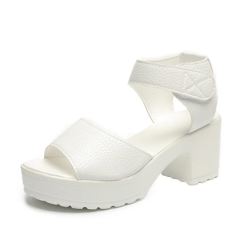 

Retro Women Sandals Leather Platform Chunky Heel Open Toe Sewing Solid Ankle Strap Hook&Loop Casual Fashion Shoes Ladies Female
