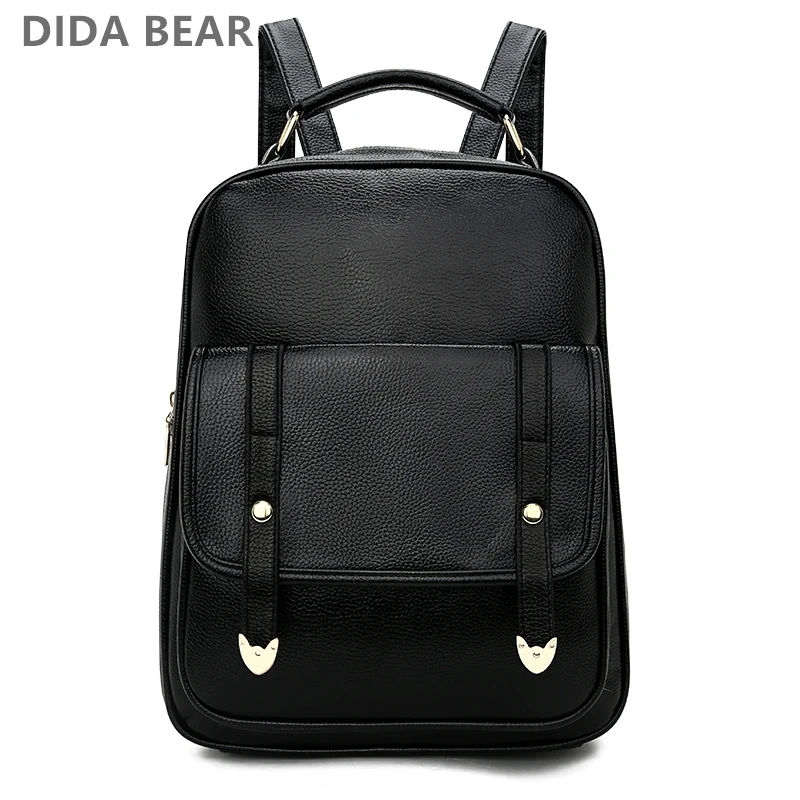 DIDA BEAR женский кожаный рюкзак черная большая школьная сумка для подростков модная