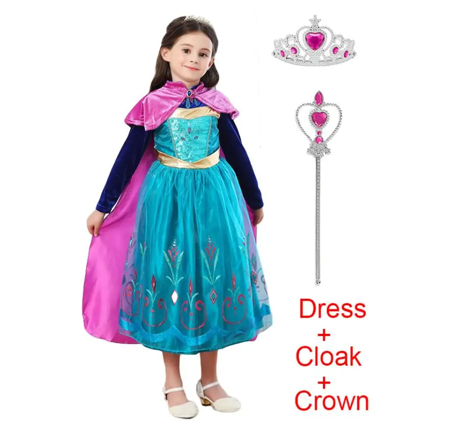 Dress Cloak Crown Платье принцессы Анны и Эльзы для девочек; Карнавальный костюм для детей; маскарадный костюм принцессы; нарядное платье с накидкой; костюм Снежной Королевы на Хэллоуин - Цвет: Dress Cloak Crown
