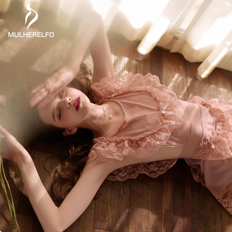 

Black Sexy Bow Bandage Female Nightgown Lace Camis Sweet Round Neck Dress Women Summer See Thought Night Dress Nuisette Femme