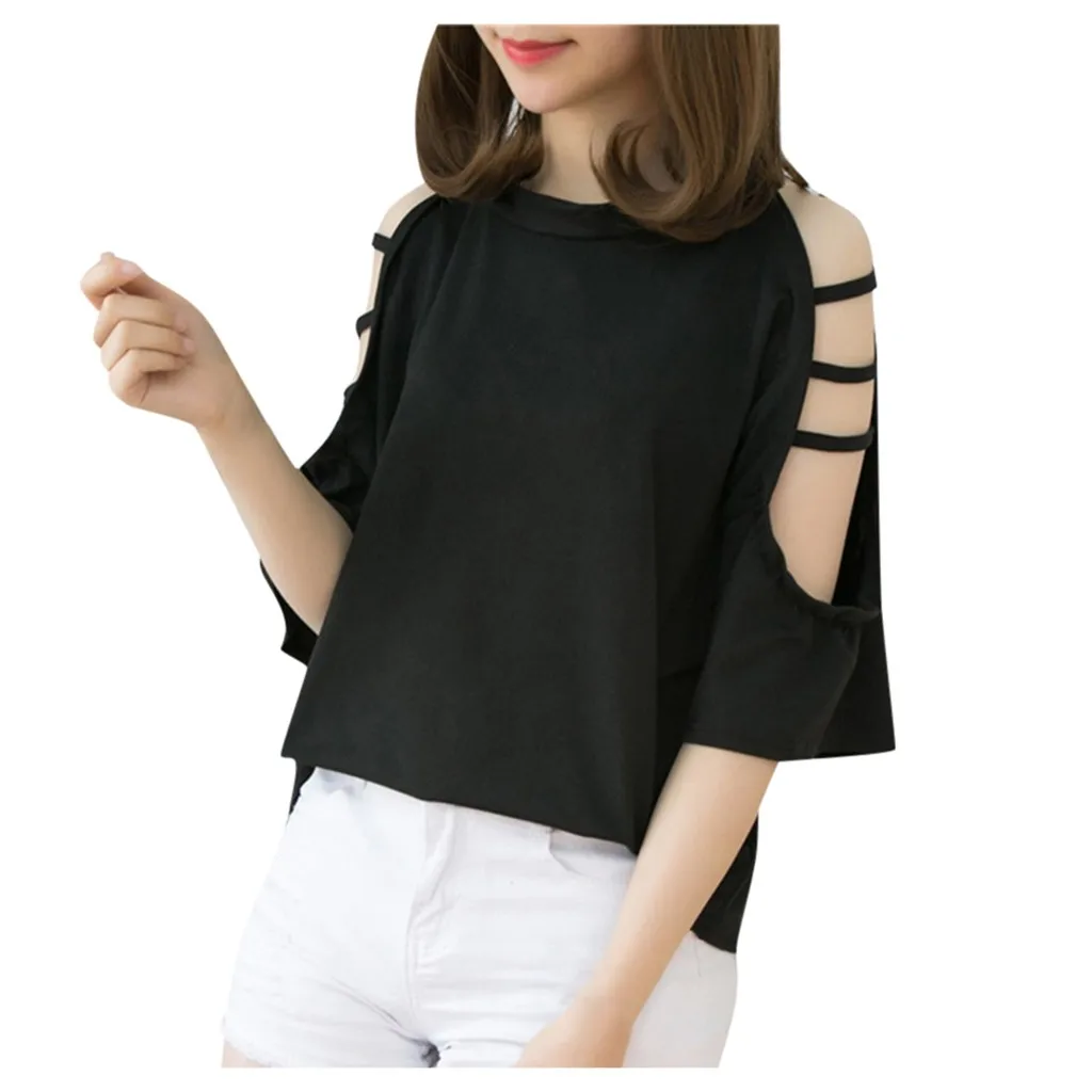 Korean Fashion T-Shirt For Women Bandage Off Shoulder Solid Color Top Half Sleeve Female Tshirt Cropped Streetwear | Женская одежда
