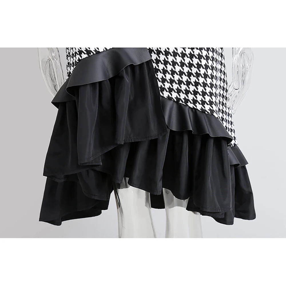 

YUANYUANJYCO Spring Autumn Women Midi Streetwear Dresses Fashion Asymmetrical Patchwork Plaid Ruffles Long Sleeve Cotton Clothes