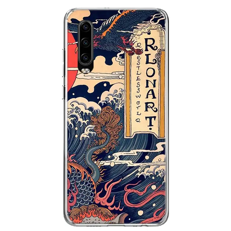 hot wave art japanese green illust phone case for huawei p30 p20 p40 p50 mate 40 30 20 10 pro p10 lite customized gift coque free global shipping