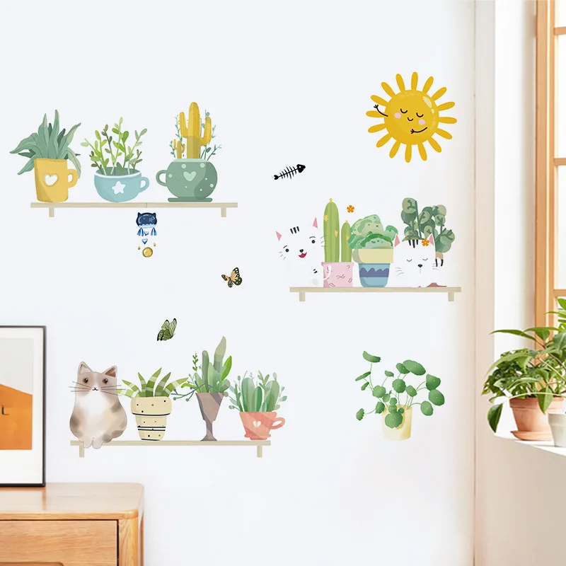 

Cartoon Potted Plants Wall Stickers for Home Decor Cat Wall Decals room Decoration Bedroom Living room Art PVC Wall Murals DIY