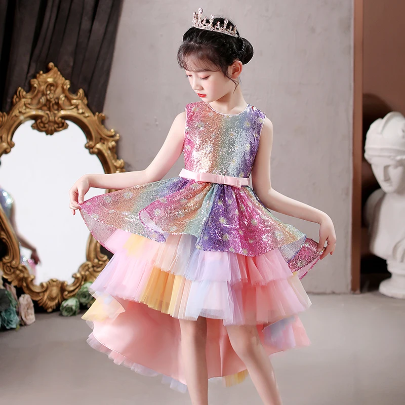 Kids Dress For 4-12 Girls Sequined Cake Skirt Wedding Party Tailing Elegant Princess Sleeveless Children’s Dresses