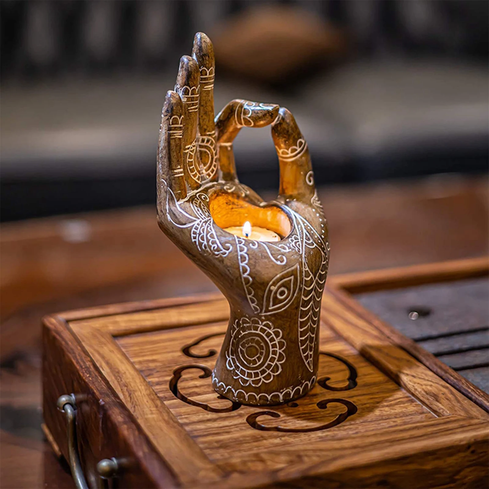 

Candle Holder, Buddha's-Hand Shaped Resin Candlestick Desktop Decor Decorative Artware for Home Shops, Bronze/Golden